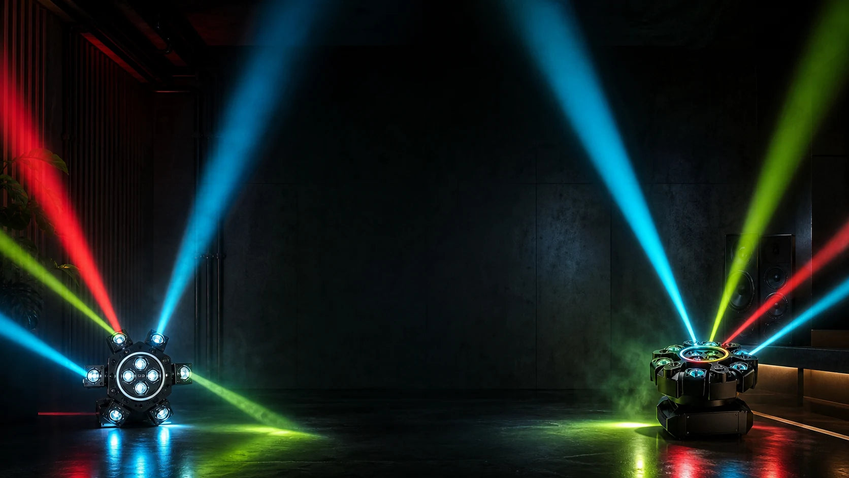 Two rotating spotlight systems in a dark room