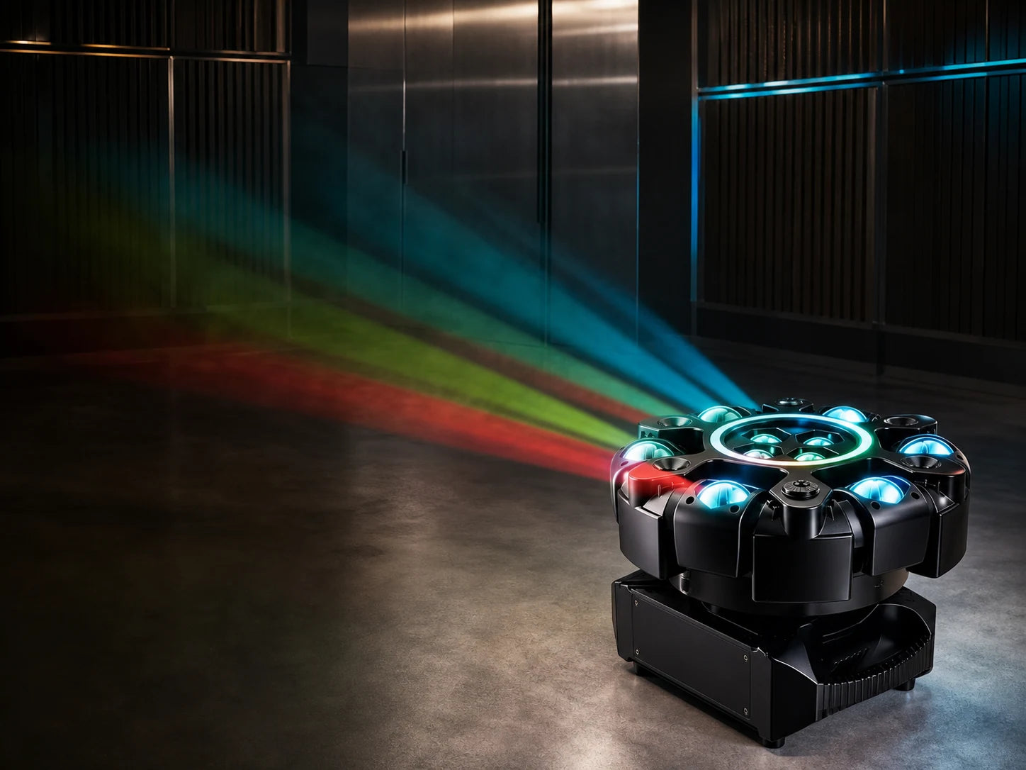 360 degree spotlight projecting multicolor beams