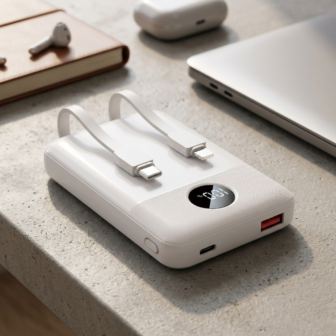 10000mAh True Capacity Fast Charge Power Bank with Built-in Cable
